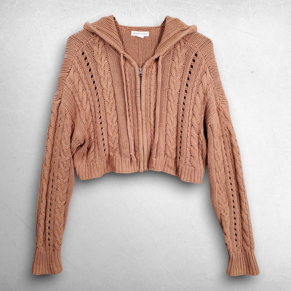 Cable Knit Zip Up Hooded Cardigan Women L Clay Cropped Boho Coquette Aeropostale